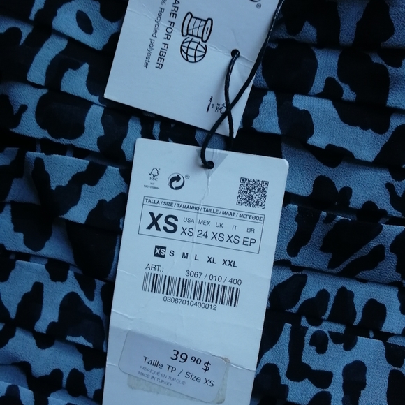 ZARA Blue Black Animal Print Square Neck Pleasant Blouse Ruched Bodice XS NWT - Picture 4 of 10